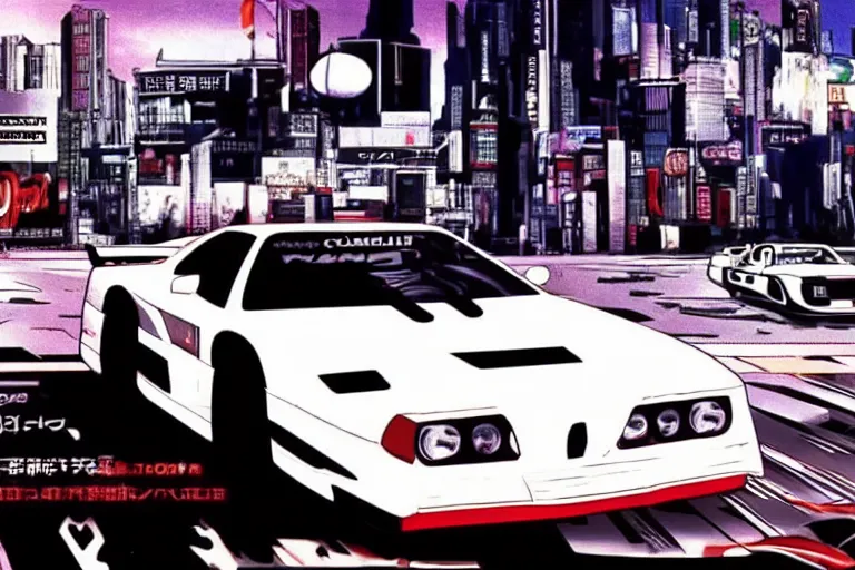 Prompt: vintage archival race footage of a single 1995 Vector W8 Twin Turbo, with elements of the BMW M1, city in anime cyberpunk style by Hayao Miyazaki