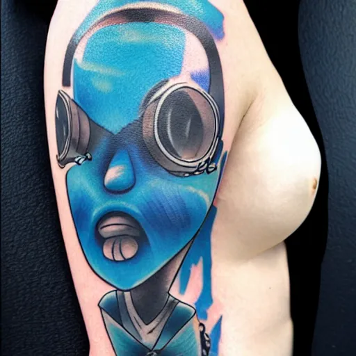 Image similar to new school tattoo of blue alien holding a ray gun