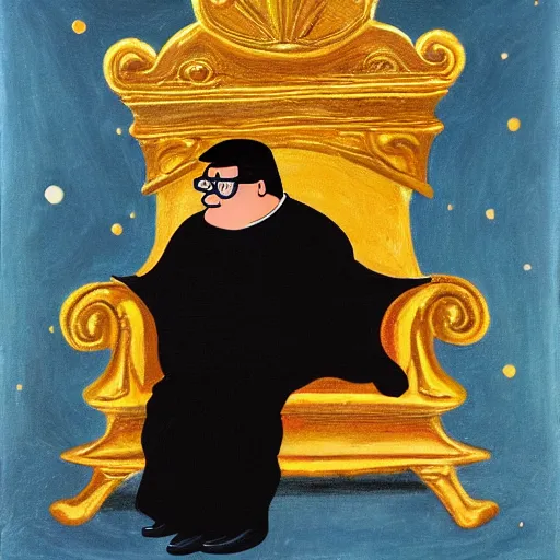 Prompt: Peter Griffin wearing a black robe and sitting on a golden throne on the moon, oil on canvas,