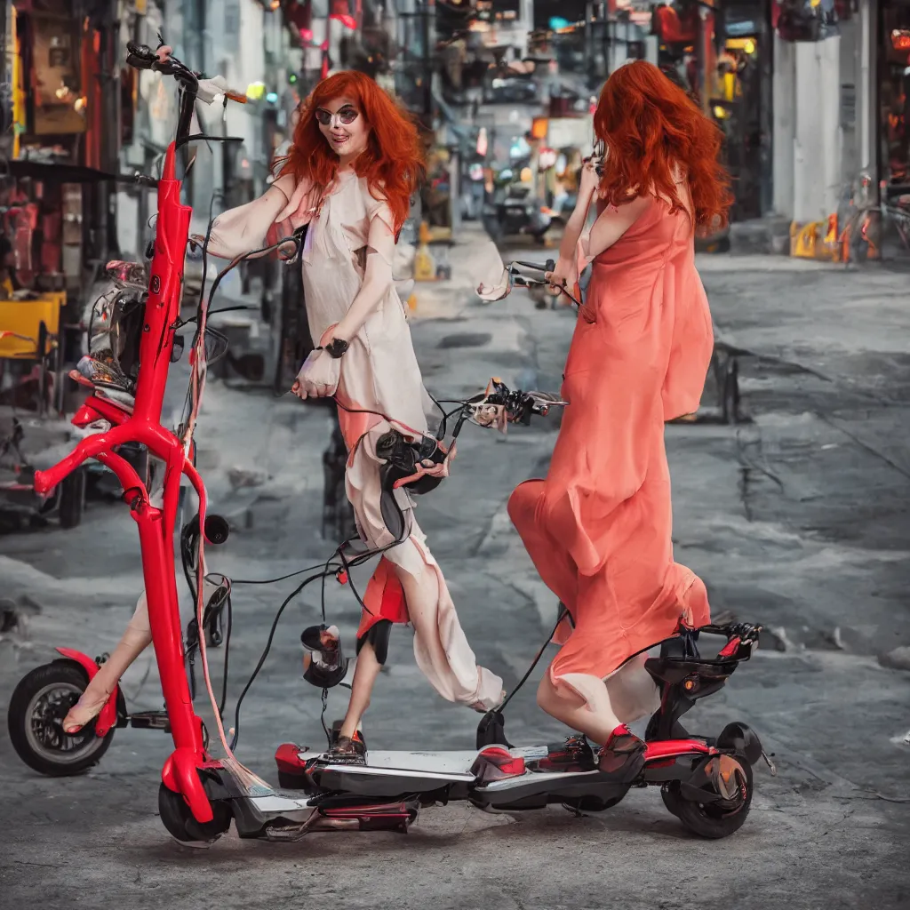 Image similar to redhead woman bellow electric scooter on neon street