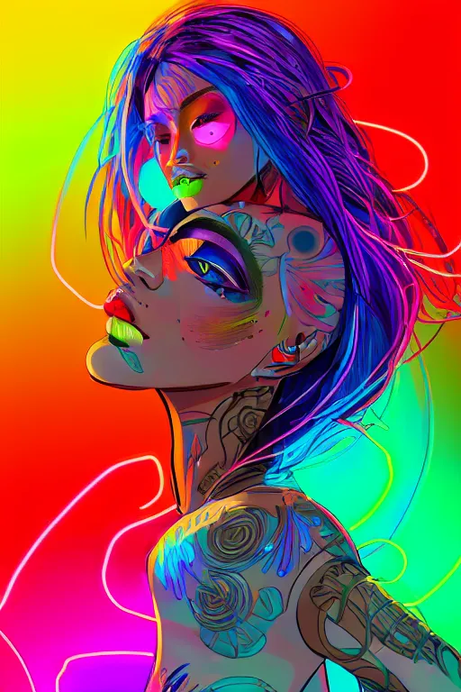 Image similar to a award winning portrait of a beautiful woman with stunning eyes in a one off shoulder crop top and cargo pants with rainbow colored hair, outlined by whirling illuminated neon lines and fine lines swirling in circles by greg tocchini, digital art, trending on artstation