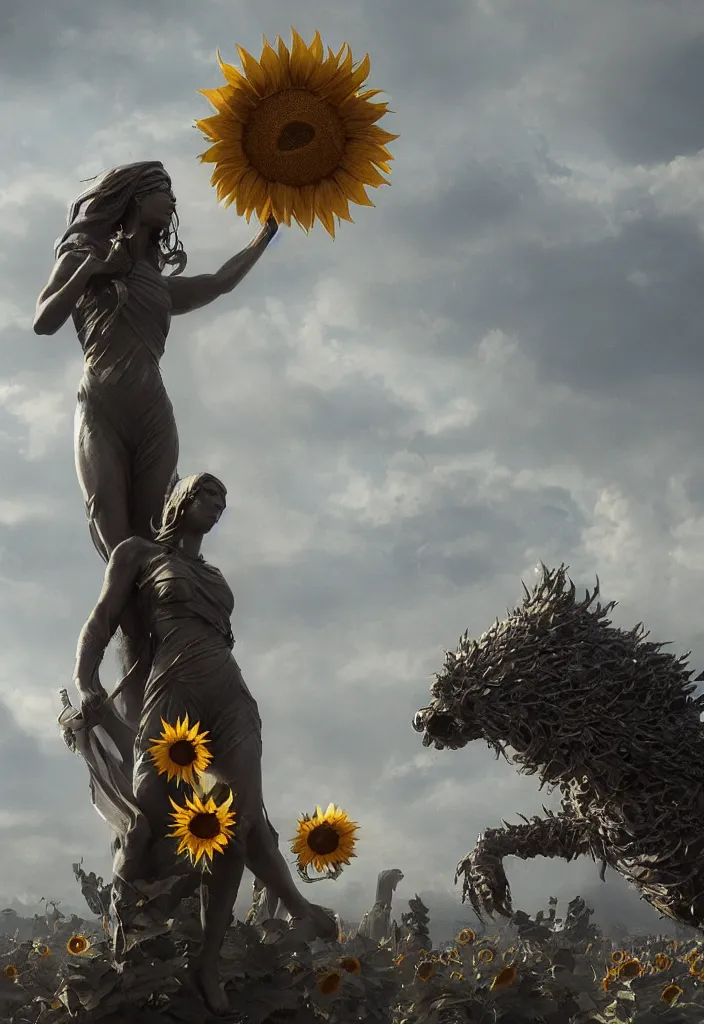 Image similar to sunflower statue by greg rutkowski, sung choi, mitchell mohrhauser, maciej kuciara, johnson ting, maxim verehin, peter konig, 8 k photorealistic, cinematic lighting, hd, high details, dramatic, atmosphereric, trending on artstation