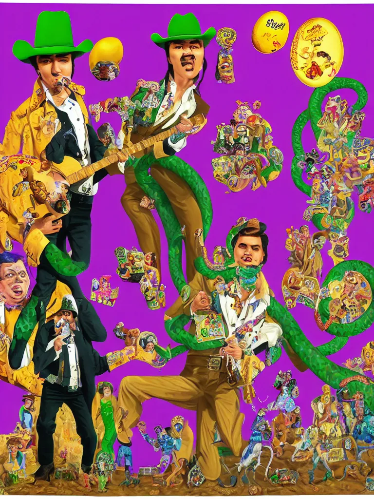 Image similar to long shot full body portrait of professional wrestling salesman elvis presley johnny cash cowboy snakeoil salesman wearing oversized cowboy hat with curly moustache and anthropomorphic purple snakeskin business suit, pictured in front of a green screen selling locomotive petroleum snake oil eggs bottled in faberge briefcases from the distant future, portrait art by lisa frank and basil wolverton