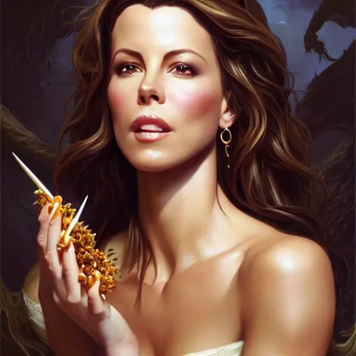 Image similar to Kate Beckinsale covered in honey eating fork, D&D, fantasy, intricate, elegant, highly detailed, digital painting, artstation, concept art, matte, sharp focus, illustration, hearthstone, art by Artgerm and Greg Rutkowski and Alphonse Mucha