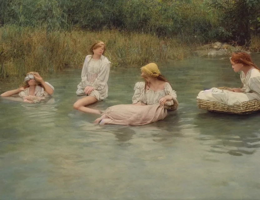 Image similar to peasant girls swimming in a river, cottage core, cinematic focus, polaroid photo bleached vintage pastel colors high - key lighting, soft lights, foggy, by steve hanks, by lisa yuskavage, by serov valentin, by tarkovsky, 8 k render, detailed, oil on canvas