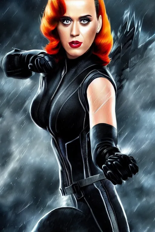 Prompt: katy perry as black widow in the avengers, portrait realistic photograph, very detailed face