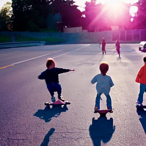 Image similar to three children belly - skateboarding on busy highway, award winning photograph, lens flare, 3 5 mm, cinematic