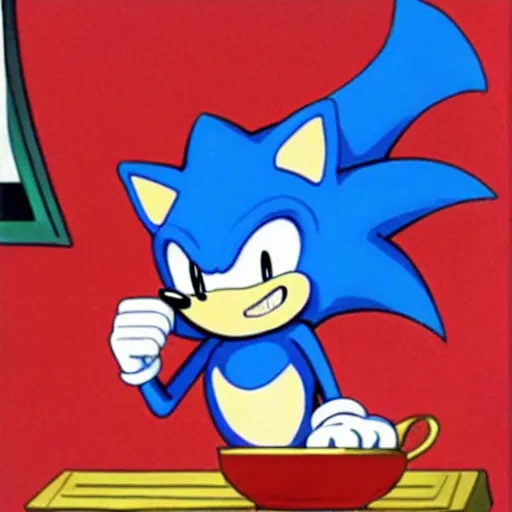 Image similar to sonic the hedgehog ussr drinking tea with stalin