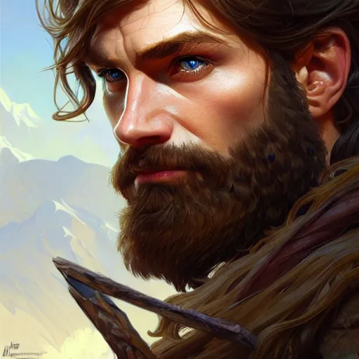 Image similar to Portrait of rugged male ranger, D&D, amber eyes, face, long hair, muscular, fantasy, intricate, elegant, highly detailed, digital painting, artstation, concept art, smooth, sharp focus, illustration, art by artgerm and greg rutkowski and alphonse mucha