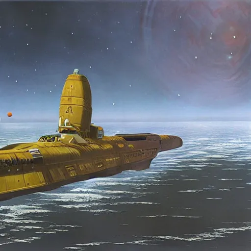 Image similar to scout spaceship with 100-ton hull used for exploration survey and courier duties, peter elson, chris foss