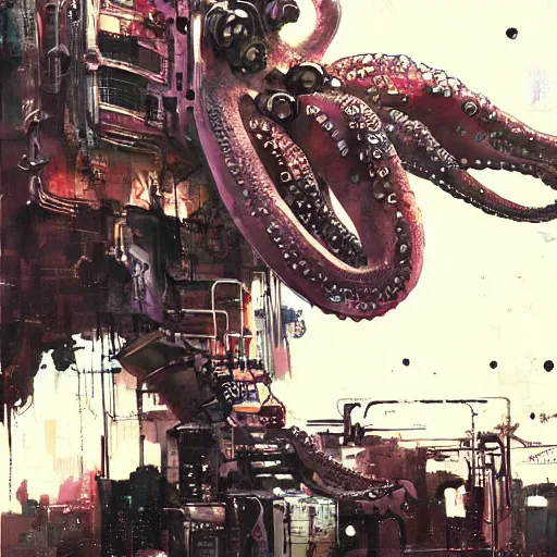 Image similar to octopus in space, cyberpunk, realistic, detailed, Industrial Scifi, paint, watercolor, in the style of Ashley Wood and Wadim Kashin