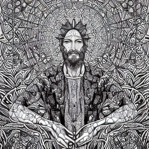 Image similar to Geometrically surreal Jesus, extremely high detail, photorealistic, intricate line drawings, dotart, album art in the style of James Jean