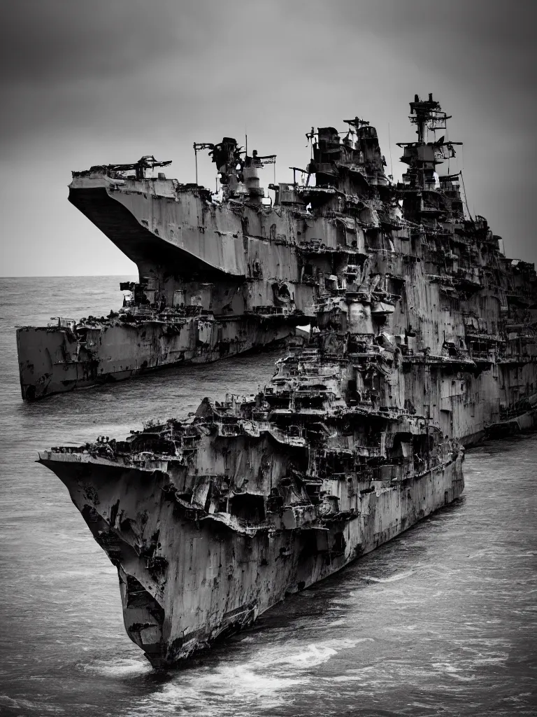 Prompt: long exposure photography of a battleship wreck in the sea, photorealistic, minimalism, black and white fine art photography