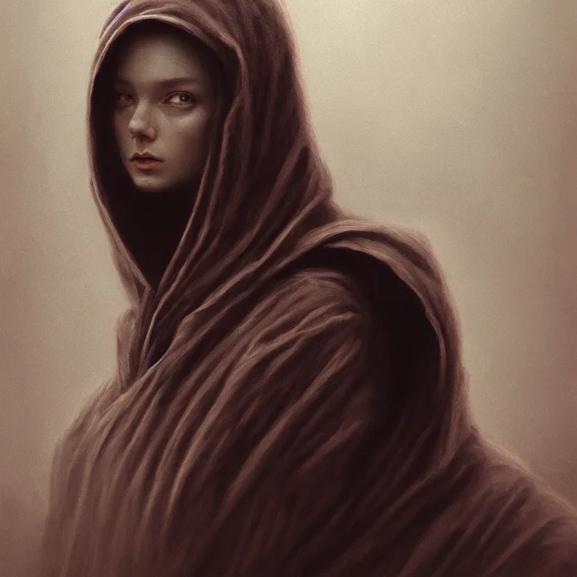 Image similar to Portrait of a young woman wearing a hooded robe, anatomically correct, perfect face, cinematic lighting, candid, intricate, elegant, highly detailed digital painting, trending on Artstation, concept art, smooth, sharp focus, illustration and art by Beksinski, by Simon Stalenhag