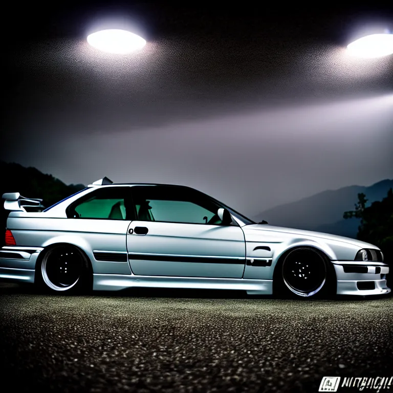 Image similar to close-up-photo BMW E36 turbo illegal meet, work-wheels, Gunma prefecture, misty at night, cinematic color, photorealistic, high detailed deep dish wheels, highly detailed, custom headlights, subtle neon underlighting