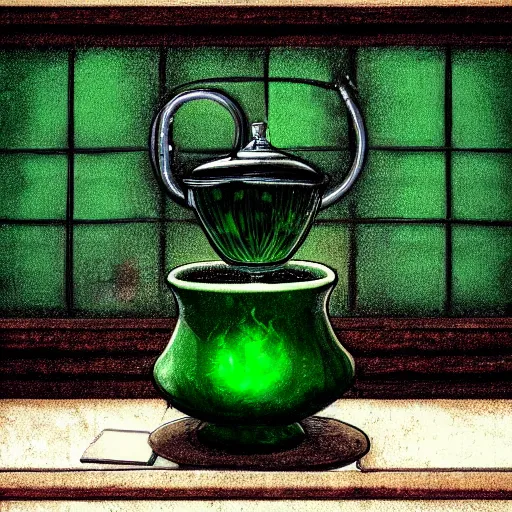 Prompt: a black cauldron filled with a magical green glowing potion standing in an old wilden desk, medieval, digital art, dark brown white green colours, mysterious, very detailed, realistic
