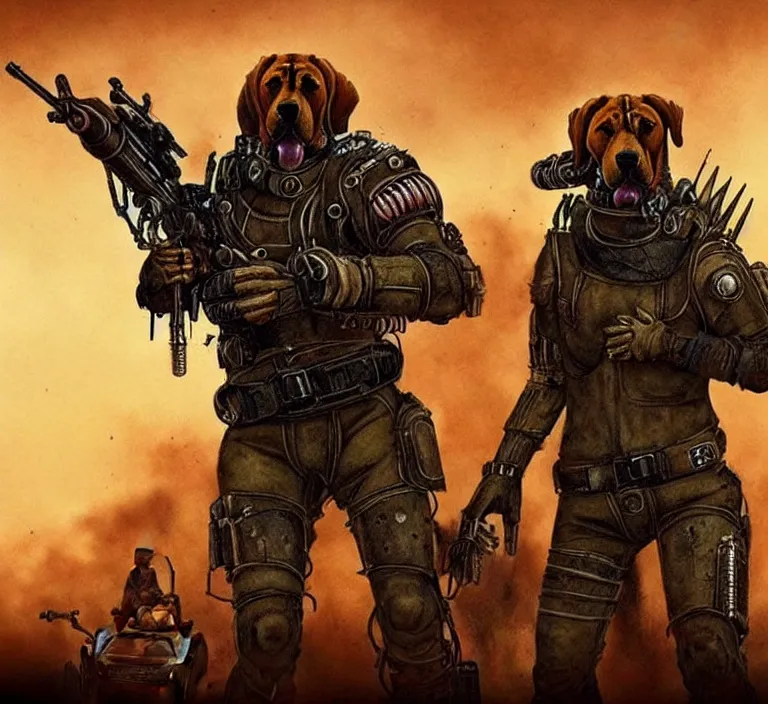 Image similar to a good ol'bloodhound dog fursona ( from the furry fandom ), heavily armed and armored facing down armageddon in a dark and gritty version from the makers of mad max : fury road. witness me.