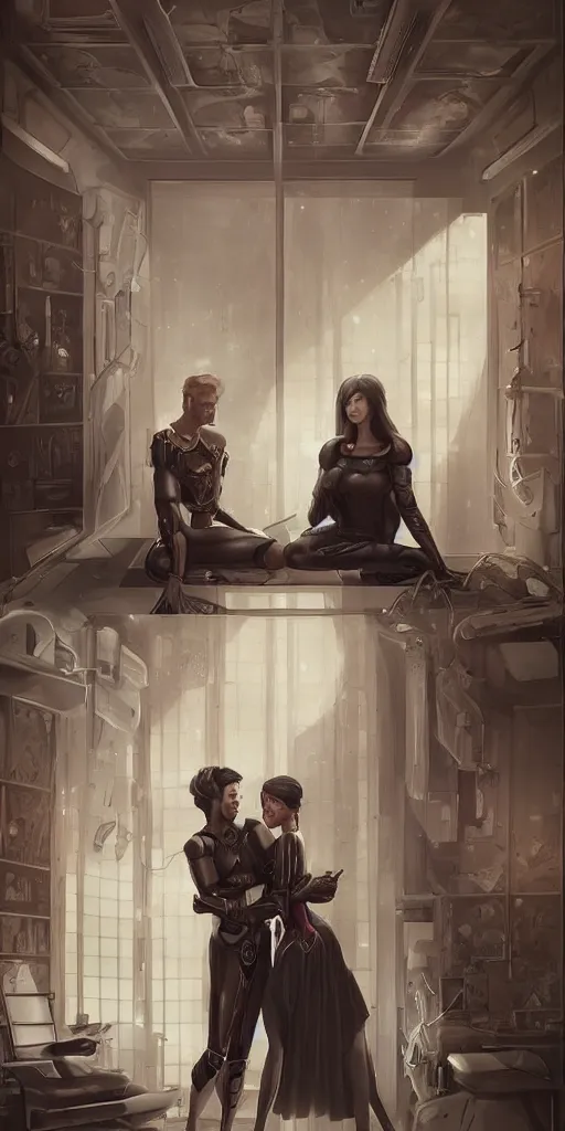 Image similar to sad couple in a futuristic home office, painted by artgerm and tom bagshaw, in the style of magic the gathering, intricate, highly detailed digital art