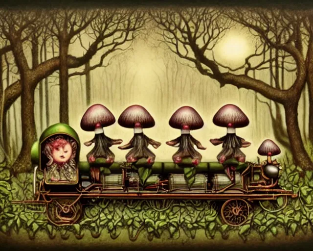 Image similar to detailed mushroom elves riding train in a dark mysterious forest by mark ryden