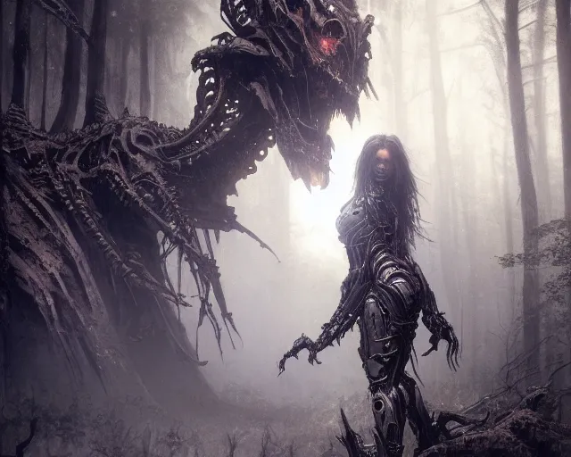 Image similar to 5 5 mm close up portrait photo of an armored biomechanical demon looking at the camera, in a magical forest. dark atmosphere. art by greg rutkowski and luis royo. highly detailed 8 k. intricate. lifelike. soft light. nikon d 8 5 0.