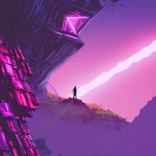 Image similar to comic book art of a [ man ] in trenchcoat with ( glowing ) crossing a [ old ] [ rope ] bridge in a [ jungle ] looking up at a [ mountain ] made of crystalized pink rock, a [ glowing tower ] extends into the sky, low angle, artstation illustration, elegant, cyberpunk, volumetric fog, arcane by tim doyle