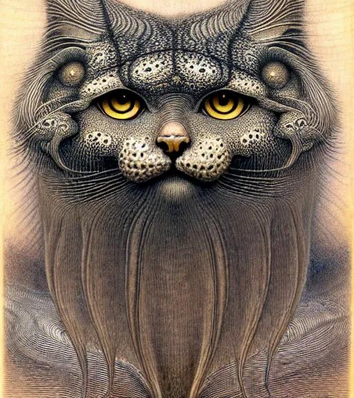 Image similar to detailed realistic beautiful manul goddess face portrait by jean delville, gustave dore, iris van herpen and marco mazzoni, art forms of nature by ernst haeckel, art nouveau, symbolist, visionary, gothic, neo - gothic, pre - raphaelite, fractal lace, intricate alien botanicals, ai biodiversity, surreality, hyperdetailed ultrasharp octane render