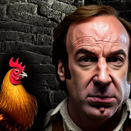 Image similar to saul goodman and a rooster in a medieval torture chamber, saw blades and knives in the background, horror movie, saul goodman, rooster!!!!!, real life photo, detailed face