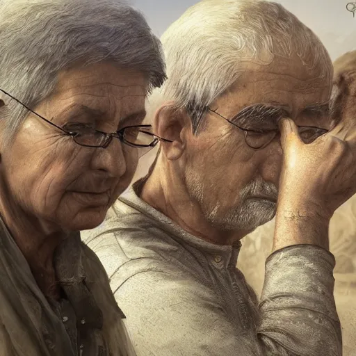 Image similar to hyperrealistic mixed media high resolution image of two Kurdish grandparents, stunning 3d render inspired art by István Sándorfi and Greg Rutkowski and Unreal Engine, perfect symmetry, dim volumetric lighting, 8k octane beautifully detailed render, post-processing, extremely hyper-detailed, intricate, epic composition, highly detailed attributes, highly detailed atmosphere, full body shot, cinematic lighting, masterpiece, trending on artstation, very very detailed, masterpiece, stunning, flawless structure, lifelike texture, perfection,