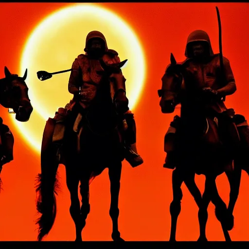 Prompt: four horsemen of the apocalypse, cinematic, red tones, eclipse