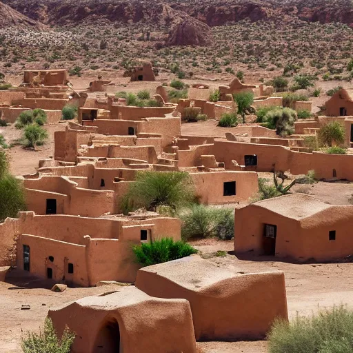 Image similar to a village of mud and bricks houses, adobe houses, in the arizona desert. Trending on 500px