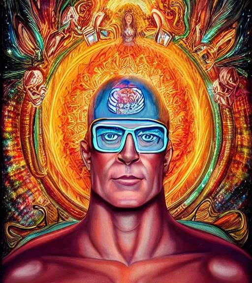 Image similar to symmetry, hank hill as the saint of propane, visionary art, art by mike judge, art by josephine wall, art by amanda sage, dramatic lighting, trending on artstation