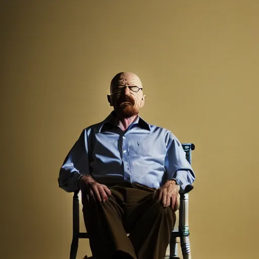 Image similar to walter white from back sitting on chair standing photo by annie leibovitz 8 0 mm lens bokeh