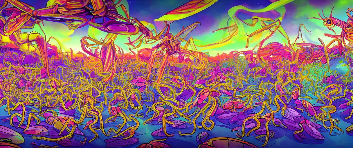 Image similar to a beautiful painting of a swarm of psychedelic mantis shrimp at a Golden Corral | graphic novel:.1 | unreal engine:.5