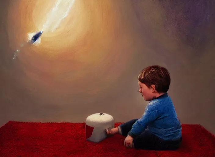 Image similar to toddler elon musk sitting on a shaggy rug playing with his little space rockets, realistic painting, beautiful soft lighting, istvan sandorfi
