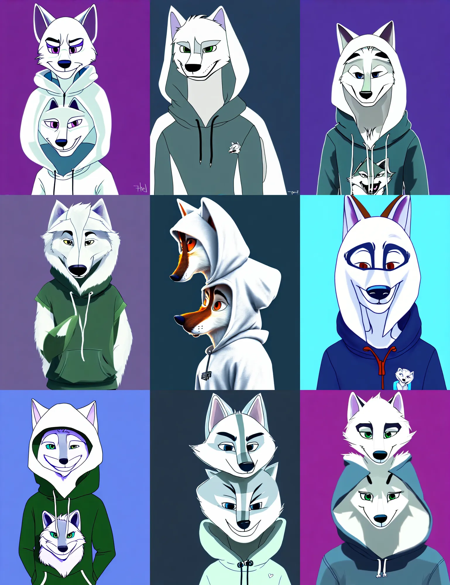 Prompt: portrait of cute male anthropomorphic white wolf wearing a hoodie, in the style of zootopia