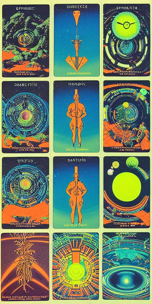 Image similar to 1968 science fiction tarot card, cut out collage, neon Aztec, spring on Saturn, epic theater, deep sea, mountain plants, drawings in part by moebius, part by Ernst Haekl, text by William S Boroughs,