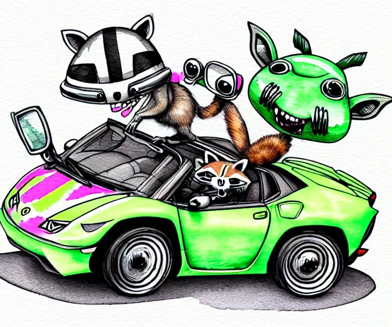 Image similar to cute and funny, racoon wearing a helmet riding in a tiny 2 0 2 0 lamborghini huracan sto, ratfink style by ed roth, centered award winning watercolor pen illustration, isometric illustration by chihiro iwasaki, edited by range murata