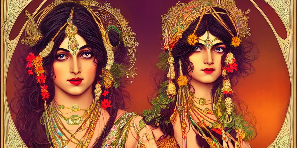 Image similar to beautiful fair Indian goddess wrapped in Art nouveau Ornaments and Frame, highly detailed, digital painting, artstation, concept art, soft light, sharp focus, illustration