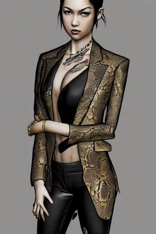 Prompt: yakuza slim girl, gold suit jacket in snake print, jacket over bare torso, yakuza tattoo on body, black short curtain haircut, black leather pants with black belt, fashion, portrait, elegant, 2d, ultra highly detailed, digital painting, smooth, sharp focus, artstation, art by Ilya Kuvshinov, rossdraws