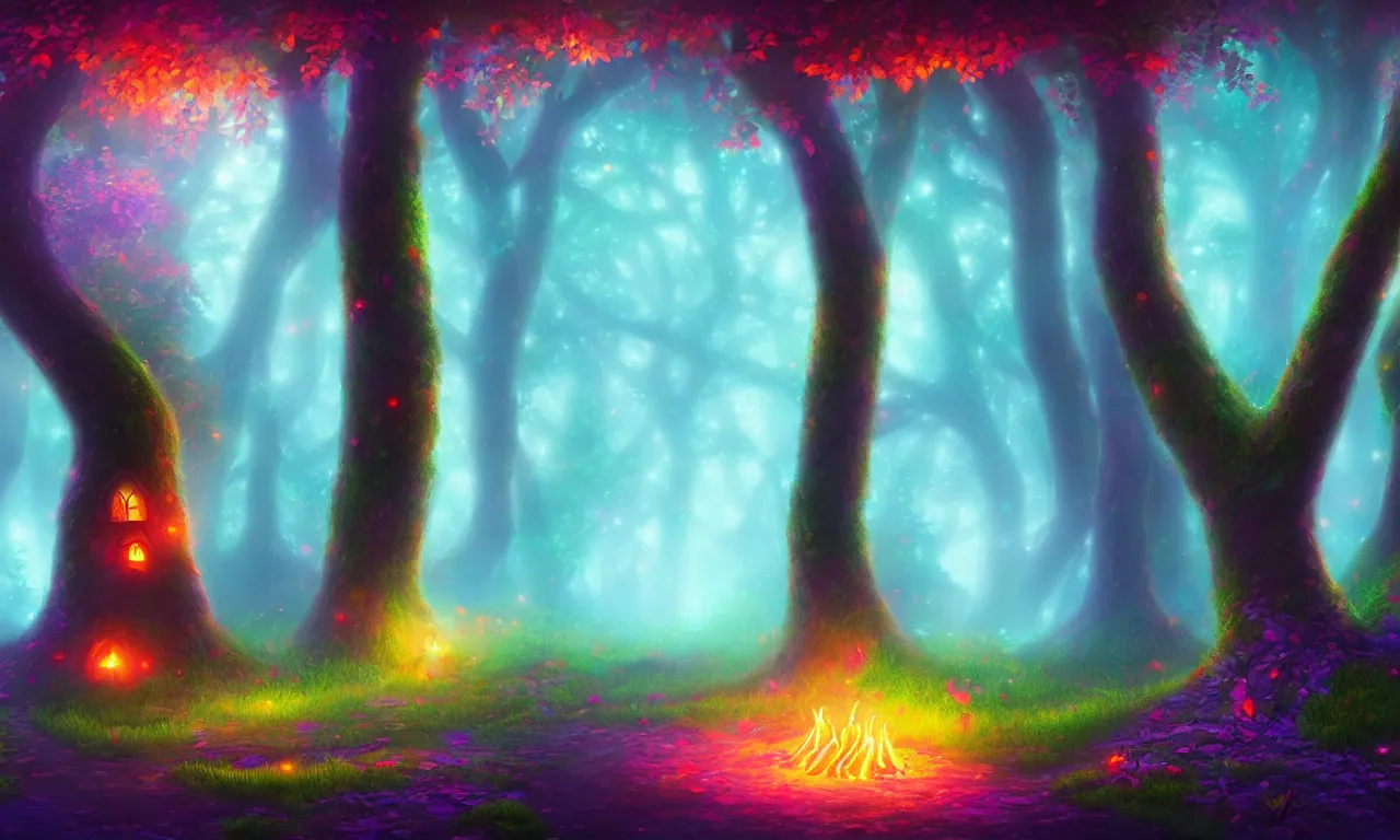 Image similar to enchanted magical forest on magical colorful fire , digital painting , digital art , artstation , devian art , 4k , HD