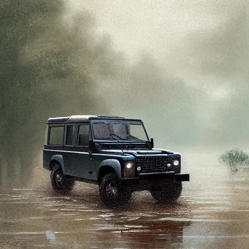 Prompt: a landrover crossing the a swamp while its raining, digital art, artstation, photgraphy, highly detailed, digital painting, artstation, concept art, sharp focus, illustration, art by greg rutkowski and artgerm