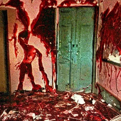 Image similar to 1 9 9 3, disposable camera, flash, old abandoned house, mutant creature standing, meat, ooze, slime, veins, wet