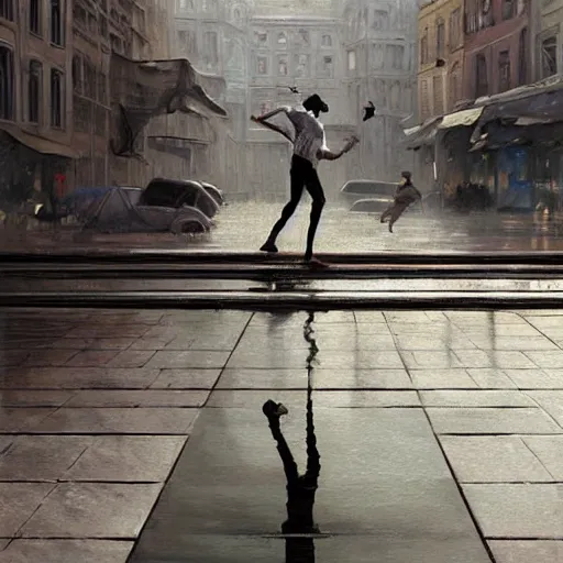 Prompt: a highly detailed epic cinematic concept art CG render digital painting artwork inspired by Henri Cartier-Bresson's Behind the Gare Saint-Lazare, man jumping over a puddle of water. By Greg Rutkowski, Ilya Kuvshinov, WLOP, Stanley Artgerm Lau, Ruan Jia and Fenghua Zhong, trending on ArtStation, made in Maya, Blender and Photoshop, octane render, excellent composition, cinematic atmosphere, dynamic dramatic cinematic lighting, aesthetic, very inspirational, arthouse