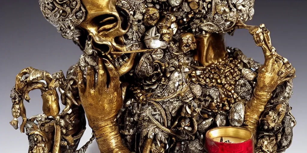 Prompt: intricate statue with gold and silver leafs, skulls, candles and red crystals, by Andres Rios, H 576