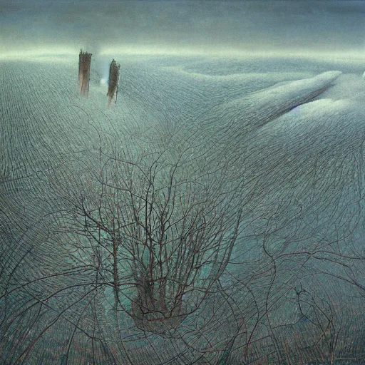 Prompt: a roiling storm full of ghostly faces rolling across a shrubby plain, painting by beksinski and peter mullen.