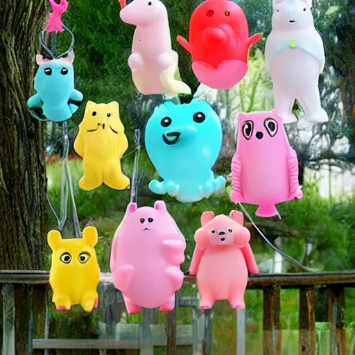Prompt: some cute plastic toys that look like animal characters hanging laundry in the backyard, pastel colors