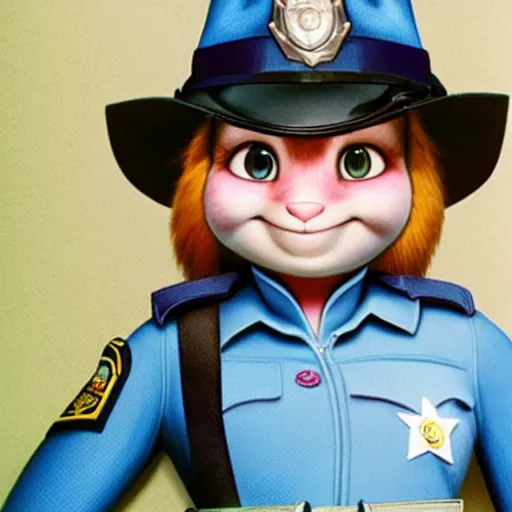 Prompt: this photo ( by annie leibovitz ) of a real human young policewoman was used as a reference when designing judy hopps