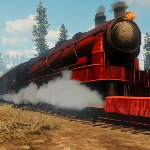 Image similar to futuristic sleek steam locomotive in red dead redemption 2