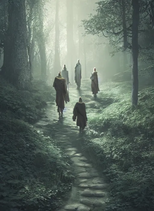 Prompt: Monk, Bard, Wizard and Cleric walking on a dark trail in forest, intricate artwork by Tooth Wu and wlop and beeple. octane render, hyper realism, 8k