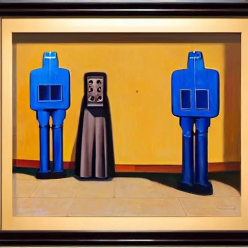 Prompt: three brutalist robot bishops portrait, grant wood, pj crook, edward hopper, syd mead, oil on canvas